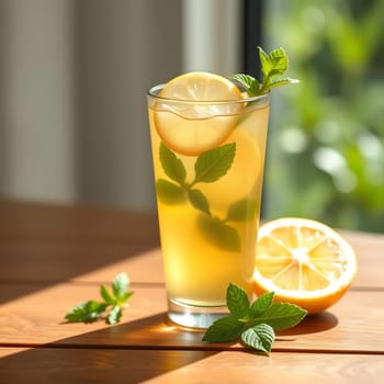 A tall glass filled with a lemon mint beverage sits on a wooden table. Fresh lemon slices and mint leaves float atop the drink, illuminated by warm sunlight streaming in through a nearby window.