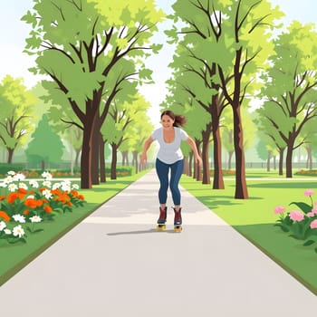 A young woman enjoys roller skating along a scenic pathway in a lush park lined with trees and colorful flowers. The bright, sunny day enhances the vibrant atmosphere.