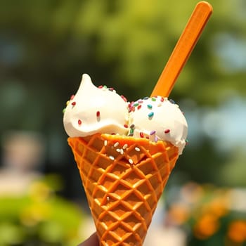 A hand holds an ice cream cone with two scoops topped with sprinkles and a bright orange spoon. The background features lush greenery in a sunny, cheerful atmosphere.