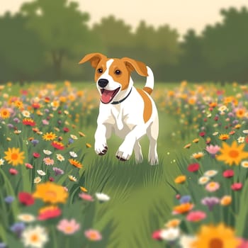 A joyful dog with a white and brown coat dashes through a vibrant field filled with wildflowers. It enjoys the warm sun and lush greenery while playing and exploring.