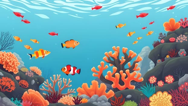 Vibrant coral formations flourish beneath the surface, while various fish swim gracefully among the rich marine life, creating a captivating underwater ecosystem.
