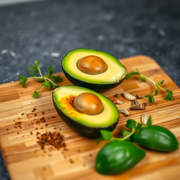 Two halved avocados rest on a wooden cutting board, surrounded by green herbs and spices, showcasing their fresh, vibrant colors and rich texture.