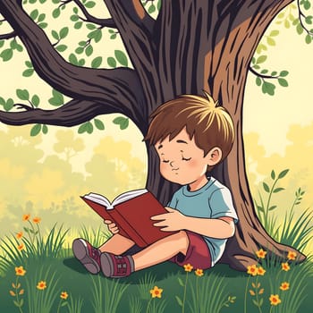 A young boy sits with his back against a large tree, deeply focused on a book. He is surrounded by colorful flowers, basking in the warm sunlight, creating a serene atmosphere.