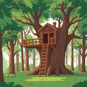 A wooden treehouse perched high among the branches of a sturdy tree, surrounded by lush green foliage. Sunlight filters through the leaves, creating a serene atmosphere.