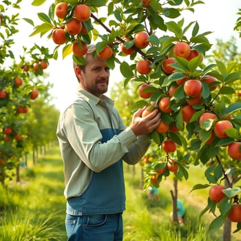 A man is carefully picking ripe oranges from a tree in a vibrant orchard. The sun is shining, and the surrounding scenery is filled with green leaves and colorful fruit.