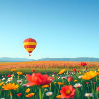 A brightly colored hot air balloon ascends above a sprawling field filled with blooming flowers. The mountains in the distance add to the serene beauty of the early morning landscape.