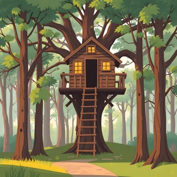 A charming wooden treehouse stands elevated among the tall trees, featuring a ladder and warm light glowing from its windows. The surrounding forest offers tranquility and natural beauty.
