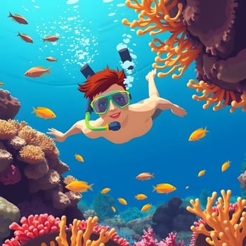 A young boy swims joyfully in crystal-clear water, wearing snorkeling gear among colorful coral reefs. Schools of small fish surround him, creating a lively underwater scene.
