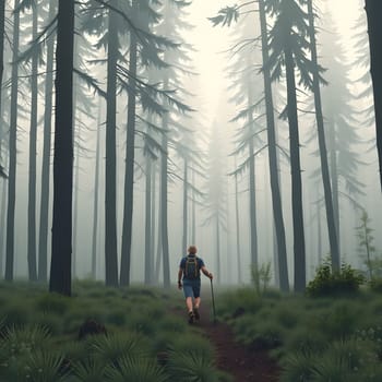 A lone hiker walks along a narrow trail in a dense forest, shrouded in morning mist. Towering trees create an ethereal atmosphere as sunlight filters through the foliage.