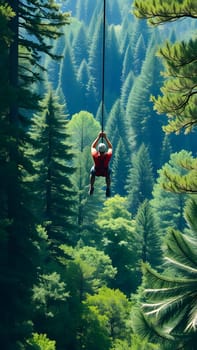 A person dressed in a red shirt is zip-lining through a vibrant forest, surrounded by tall evergreen trees under clear blue skies. The atmosphere is bright and full of natural beauty.