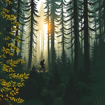 A lone hiker walks through a peaceful forest bathed in warm golden light from the setting sun, surrounded by tall evergreen trees and lush green foliage, enjoying nature's beauty.