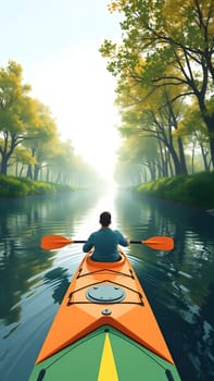 A person kayaks gently along a tranquil river, surrounded by lush trees turning golden in autumn. The sun shines softly, creating a peaceful atmosphere on the water.