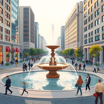 The lively city street features a grand fountain at its center, with numerous pedestrians walking around. Skyscrapers tower in the background under a clear sky.