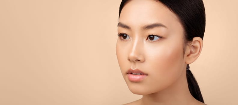 Beauty Portrait Of Attractive Asian Lady Looking Aside At Free Space Over Light Gray Studio Background. Closeup Of Young Woman's Face With Perfect Smooth Skin And Makeup. Panorama