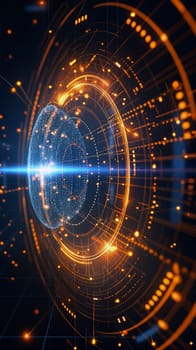 A vibrant cosmic sphere illuminated by glowing lines and particles creates an abstract digital landscape in a dark environment, evoking a sense of depth and movement - Generative AI