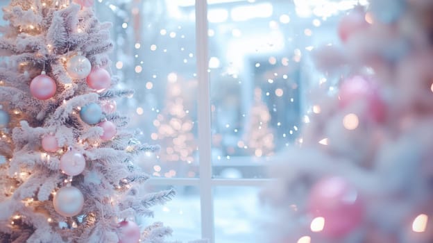 Decorative Christmas trees with pastel ornaments stand by a window as gentle snow falls outside, creating a cozy winter atmosphere filled with warmth and joy.