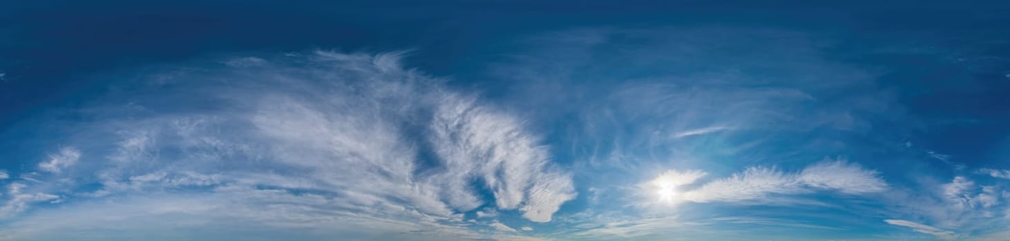 Sky panorama with Cirrus clouds in Seamless spherical equirectangular format. Full zenith for use in 3D graphics, game and editing aerial drone 360 degree panoramas for sky replacement