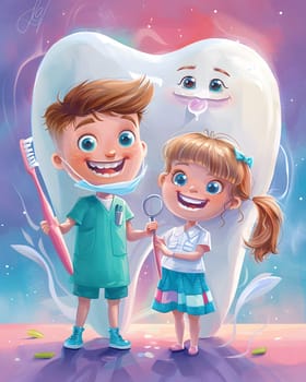 Happy children pretending to be dentists, playing with large tooth cartoon background