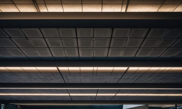 The image shows a ceiling with a grid of square panels and long light fixtures running horizontally across the ceiling.