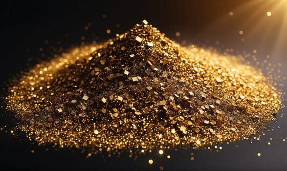 A pile of shiny, golden nuggets sits on a dark surface, illuminated by a bright light. The nuggets are various sizes and shapes, creating a textured and sparkling effect.