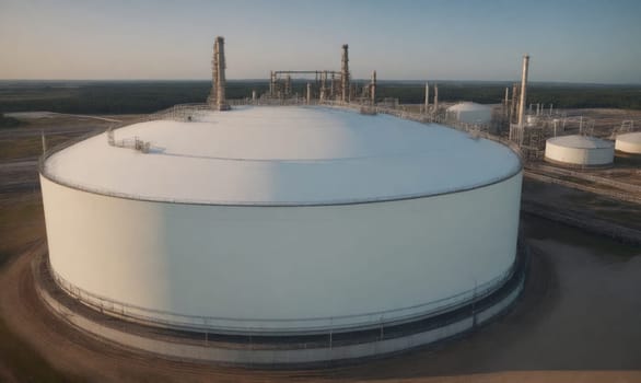 A large, white storage tank with a domed roof is situated in a sprawling industrial complex