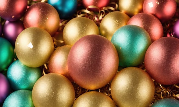 A group of colorful, shiny ornaments lay scattered on a surface. Some of the ornaments are gold, others are green, and others are copper.