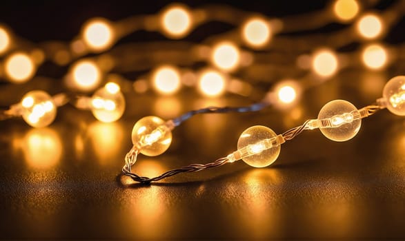 A string of small, round, clear fairy lights with warm white bulbs. The lights are strung on a thin wire, and are lying on a dark surface. Some of the lights are in focus, while others are blurred