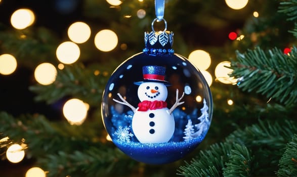 A blue glass Christmas ornament with a snowman inside hangs from a Christmas tree. The snowman has a black top hat, a red scarf, and a white face with black eyes and a smile.