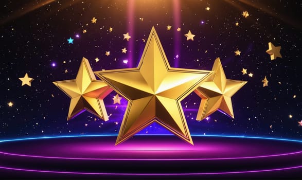 Three large gold stars hover over a purple stage with purple and blue neon lights. Small gold and blue stars float in the background.