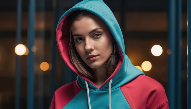 A woman wearing a blue and red hoodie with the hood up stands in front of a blurred background of blue and yellow lights.