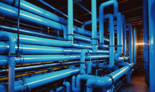 An industrial setting with many blue pipes and fittings. The pipes are running through a large space, and some are visible in the foreground and background.