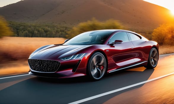 A red sports car drives down a winding paved road. The car is moving quickly, and the sunset behind it creates a warm glow. The road winds around a hillside, with trees and brush on either side