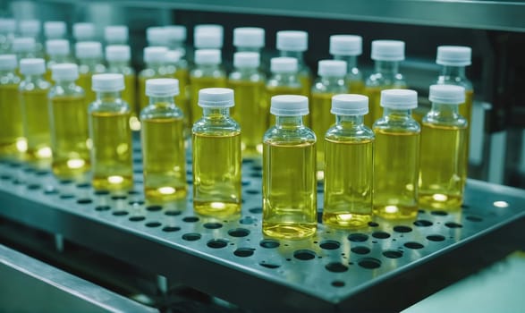 Several small glass bottles, filled with a yellow liquid, are arranged on a metal tray, with holes and a blue-tinted background.