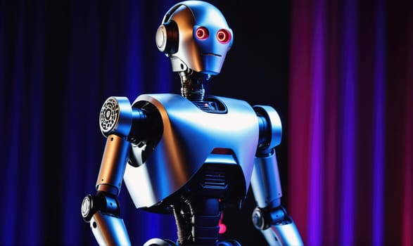 A silver and blue humanoid robot stands on a stage with blue and purple curtains behind it. The robot has a human-like head and torso, and its arms and legs are articulated