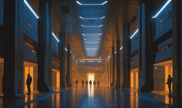 A futuristic hallway with blue lights illuminating the walls and ceiling, reflecting on the shiny floor. A group of people walk toward the light at the end of the hallway.