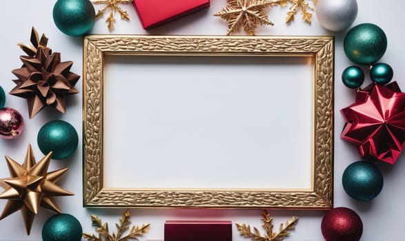 A gold picture frame with a white background is surrounded by Christmas ornaments. There are green, red, and silver baubles, gold stars, and red and gold gift boxes.