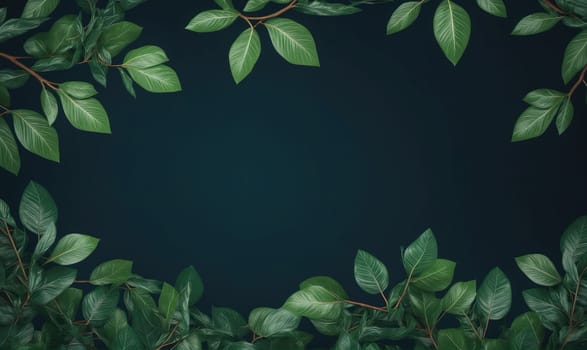 A close-up image of a dark blue background surrounded by green leaves, forming a frame.