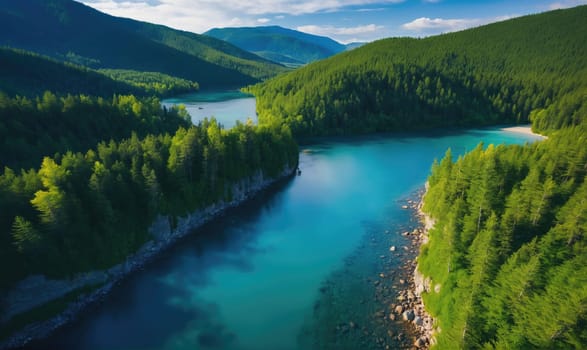 An aerial view of a lake with clear, turquoise water, surrounded by dense forests and mountains. The sky is blue with white clouds.