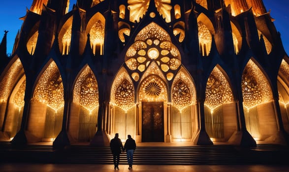 The Sagrada Fam?lia in Barcelona is illuminated by warm golden lights at night. A couple walks in front of the entrance, enjoying the architecture and the view.