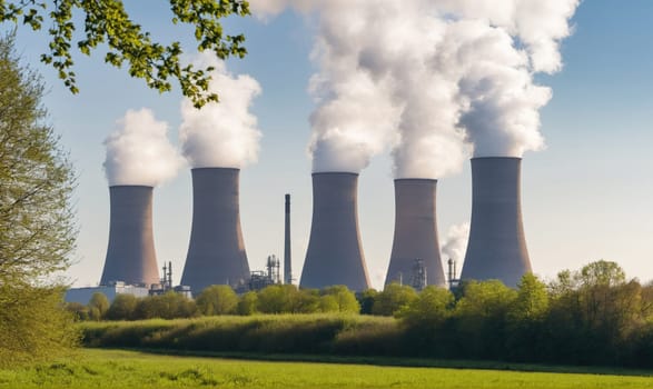 Five large cooling towers stand tall against a bright blue sky, each emitting thick clouds of white steam