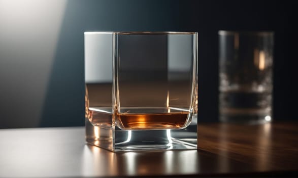 A square glass filled with amber-colored liquid rests on a wooden table, with the light reflecting off the surface. A blurry glass is out of focus in the background.