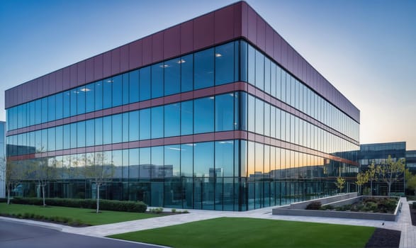 The image shows a modern office building with large glass windows and a red roof. The building is surrounded by landscaping with green grass and bushes. The sky is blue with a few clouds.