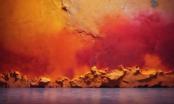 The image shows a close-up of a textured wall painted in shades of orange and red. The wall has a rough, uneven surface with raised areas and crevices, creating a visually interesting texture