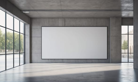 A large, empty, blank canvas hangs on a wall in a modern concrete room with large windows on each side. Sunlight shines in from the windows.