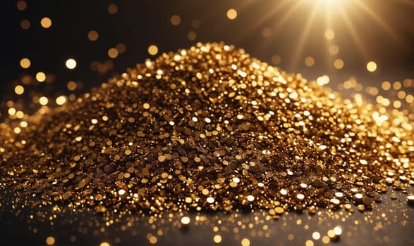 A heap of golden glitter sits on a dark surface. The glitter reflects the light, creating a shimmering effect