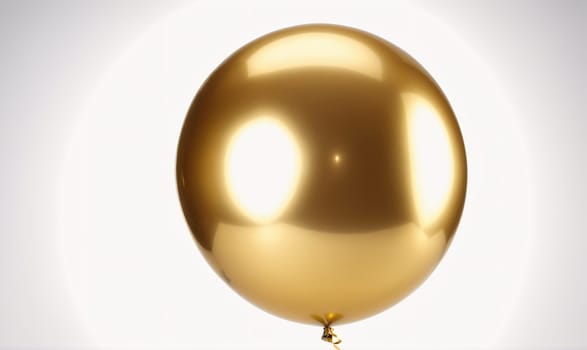 A large, gold balloon is suspended against a white background. The balloon reflects light, making it appear shiny.