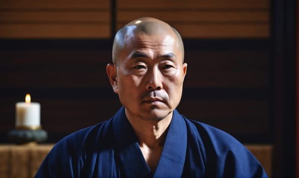 A man with a shaved head and a calm expression sits in front of a burning candle. He is wearing a dark blue robe, and his eyes are closed. The background is a dark, wooden wall.
