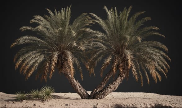 Two palm trees, their trunks intertwined, stand against a dark backdrop. The sand below is light and textured.