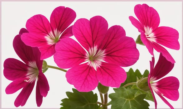 Several pink flowers with white centers are in focus, with green leaves visible behind them and a white background.