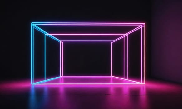 A glowing pink neon cube is suspended in a dark room. The cube is made up of multiple lines of neon light, and it is casting a pink and blue reflection on the floor.